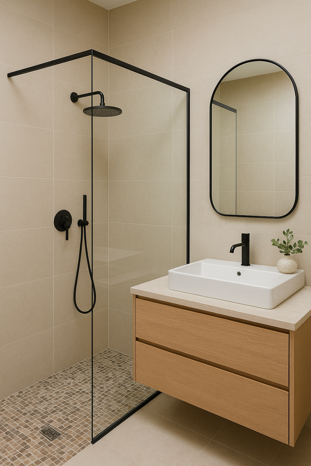 Bathroom upgrades and mini transformations including rainfall shower, enclosure, premium fixtures, vanity unit and mirror
