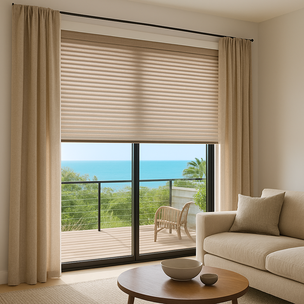 Custom blinds and curtains Ballito installed in a luxury living room by Bellagio Interiors.
