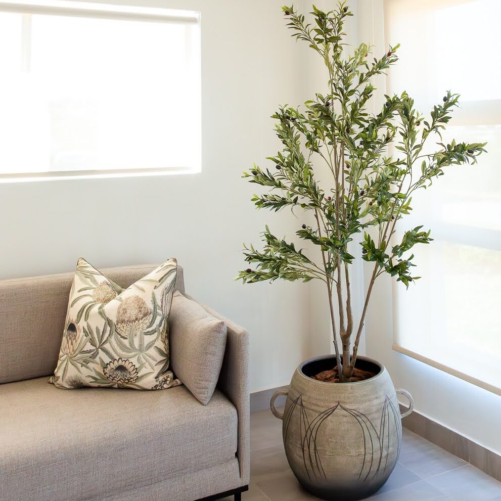 Ballito interior design with custom sleeper sofa, rug, planter and sheer blinds.